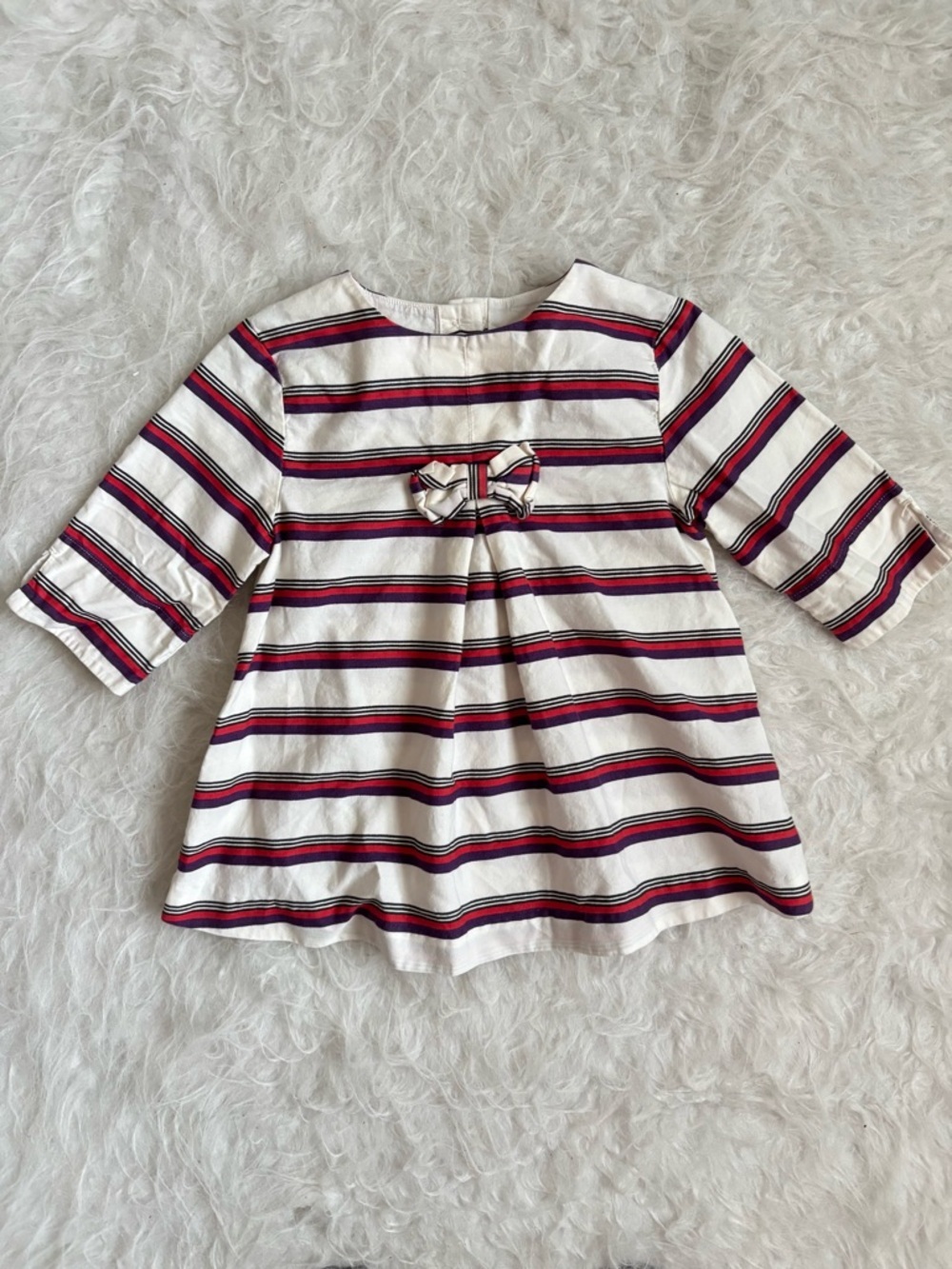 Janie and Jack Girls Preppy Purple and Red Striped Dress with Pearl Button Back